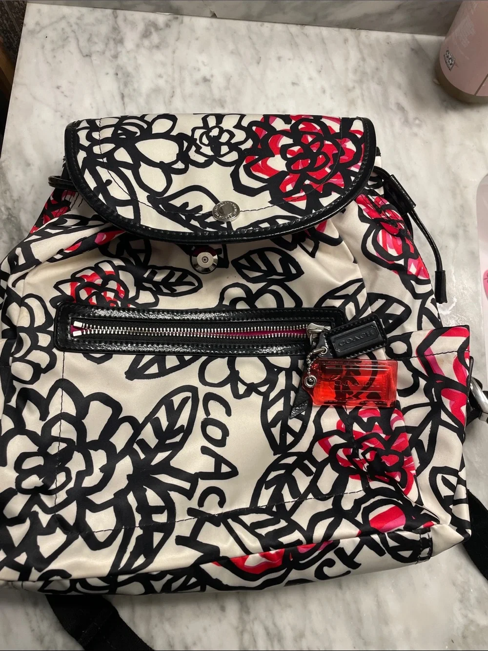 Coach Cream Floral Convertible Backpack with Black & Red Accents - Picture 12 of 12